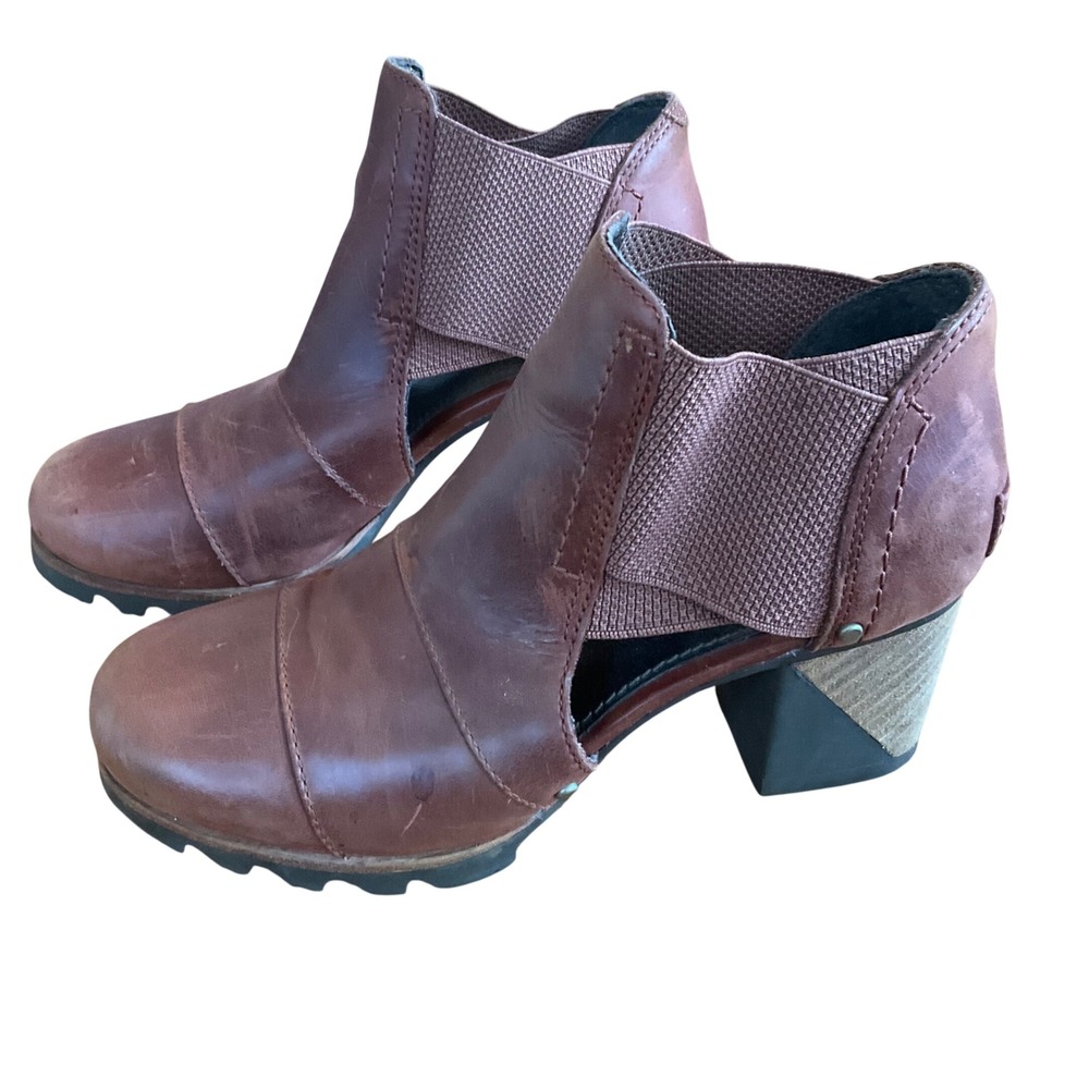 Sorel Leather Cutout Ankle Boots Block Heel Women Size 5.5 Brown